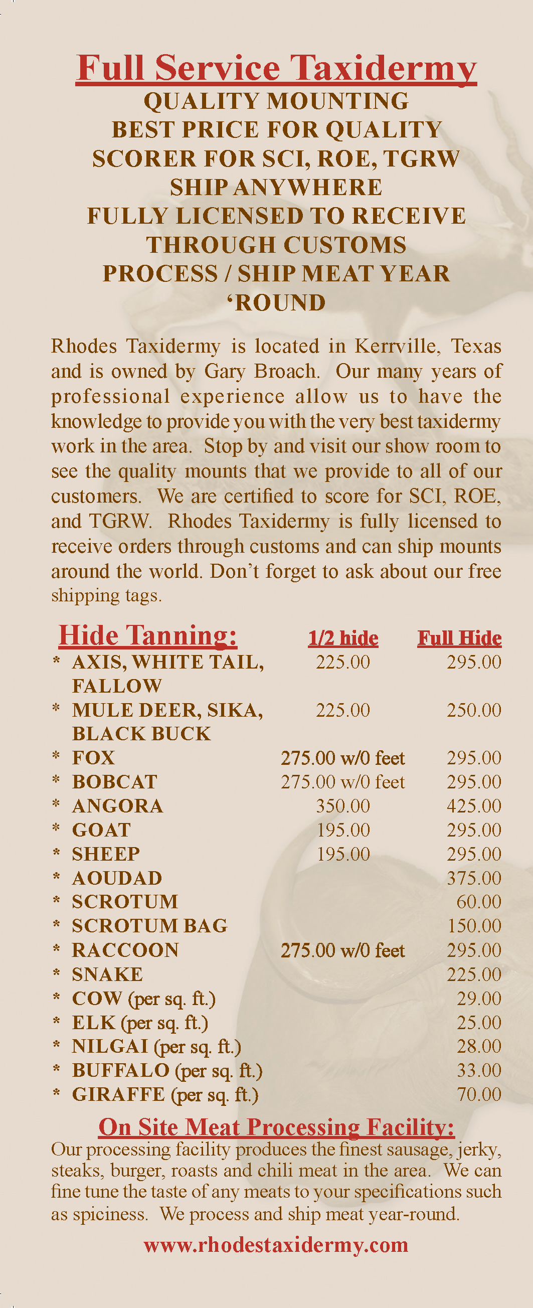 Taxidermy Price List